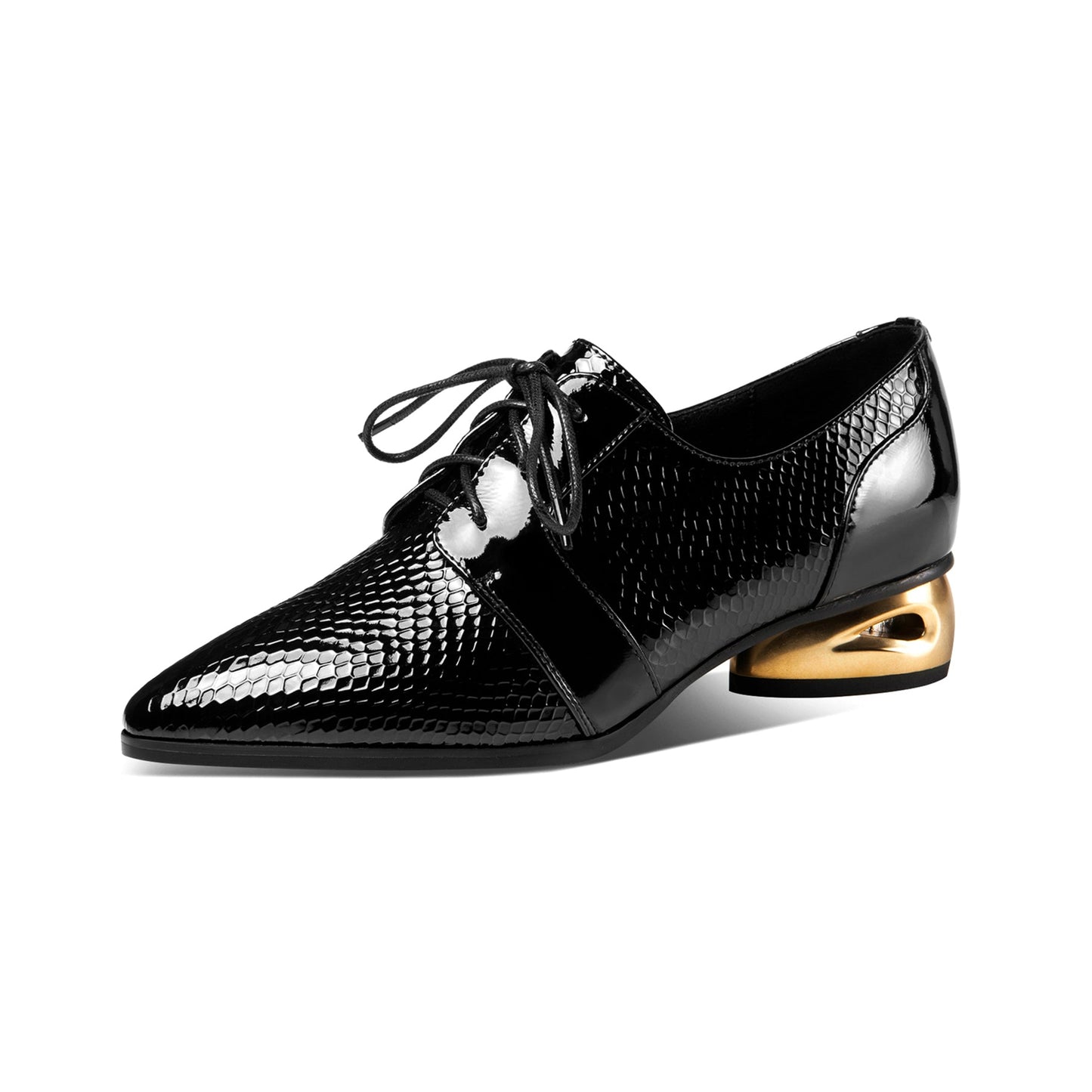 Nine Seven Women's Patent Leather Handmade Pointed Toe Low Golden Chunky Heel Lace Up Scale Classic Pumps