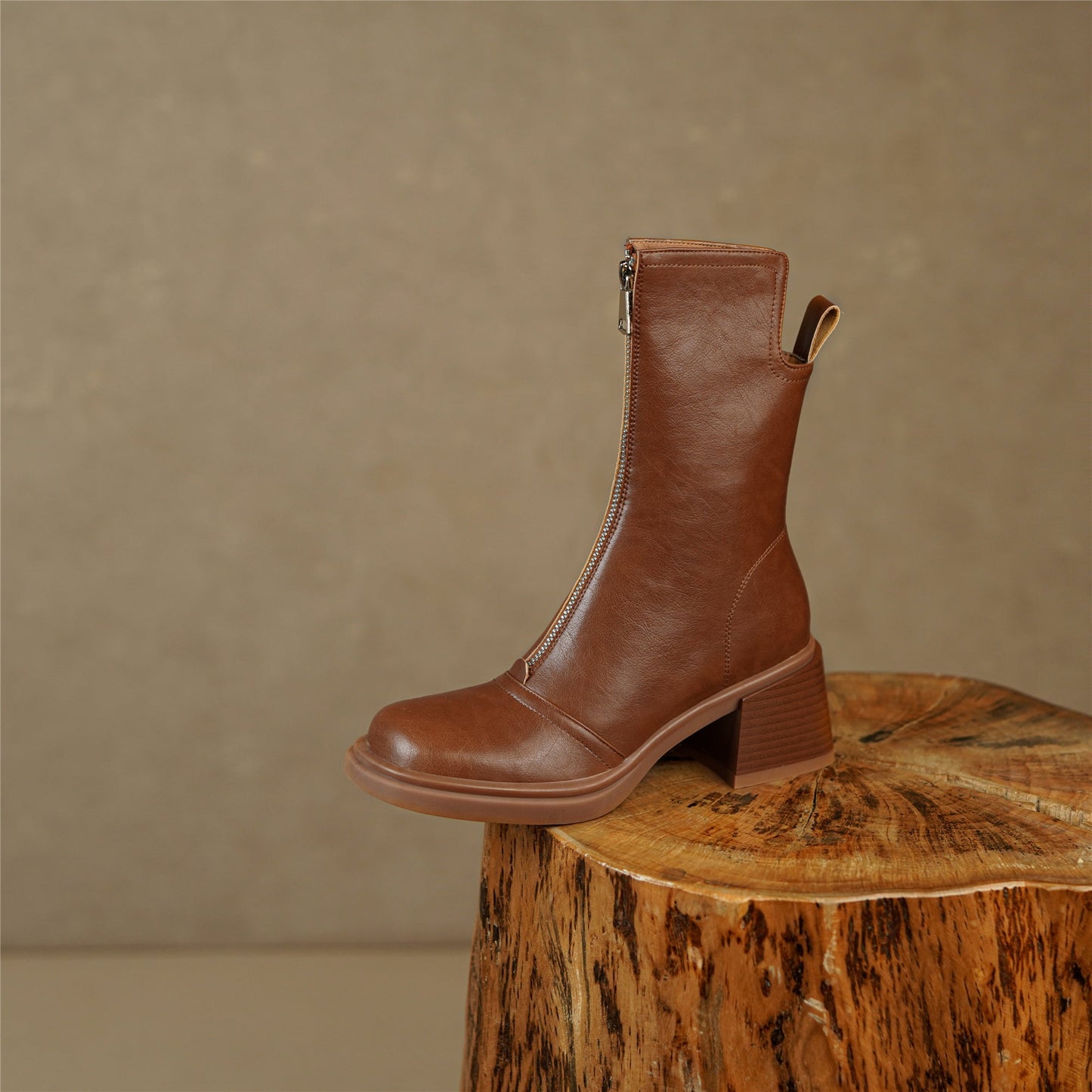 Nine Seven Handmade Women's Genuine Leather Front Zipper Square Toe Mid Chunky Heel Ankle Boots Shoes