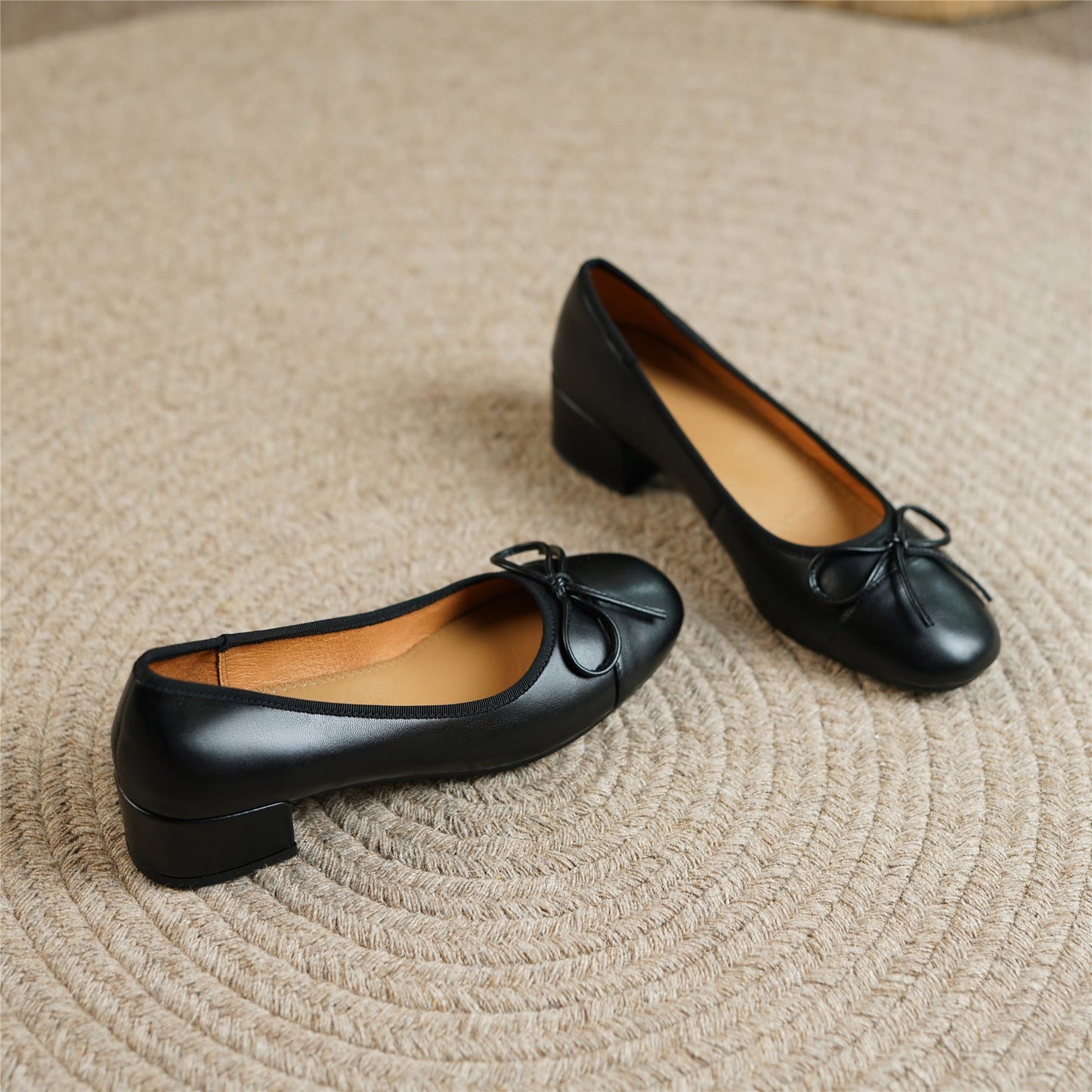 Nine Seven Women's Genuine Leather Handmade Cute Bow Knot Slip On Round Toe Low Chunky Heel Ballet Pumps