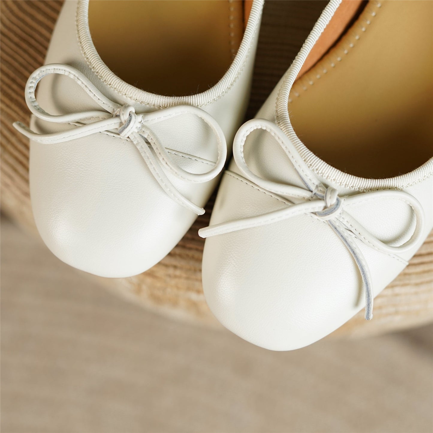 Nine Seven Women's Genuine Leather Handmade Cute Bow Knot Slip On Round Toe Low Chunky Heel Ballet Pumps