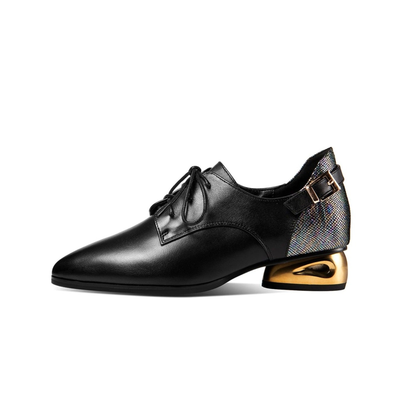 Nine Seven Women's Genuine Leather Handmade Comfortable Low Golden Block Heel Pointed Toe Lace Up Oxford Pumps with Buckle Decor