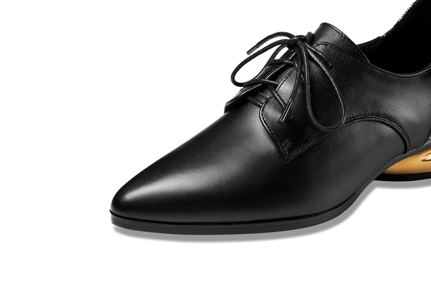 Nine Seven Women's Genuine Leather Handmade Comfortable Low Golden Block Heel Pointed Toe Lace Up Oxford Pumps with Buckle Decor