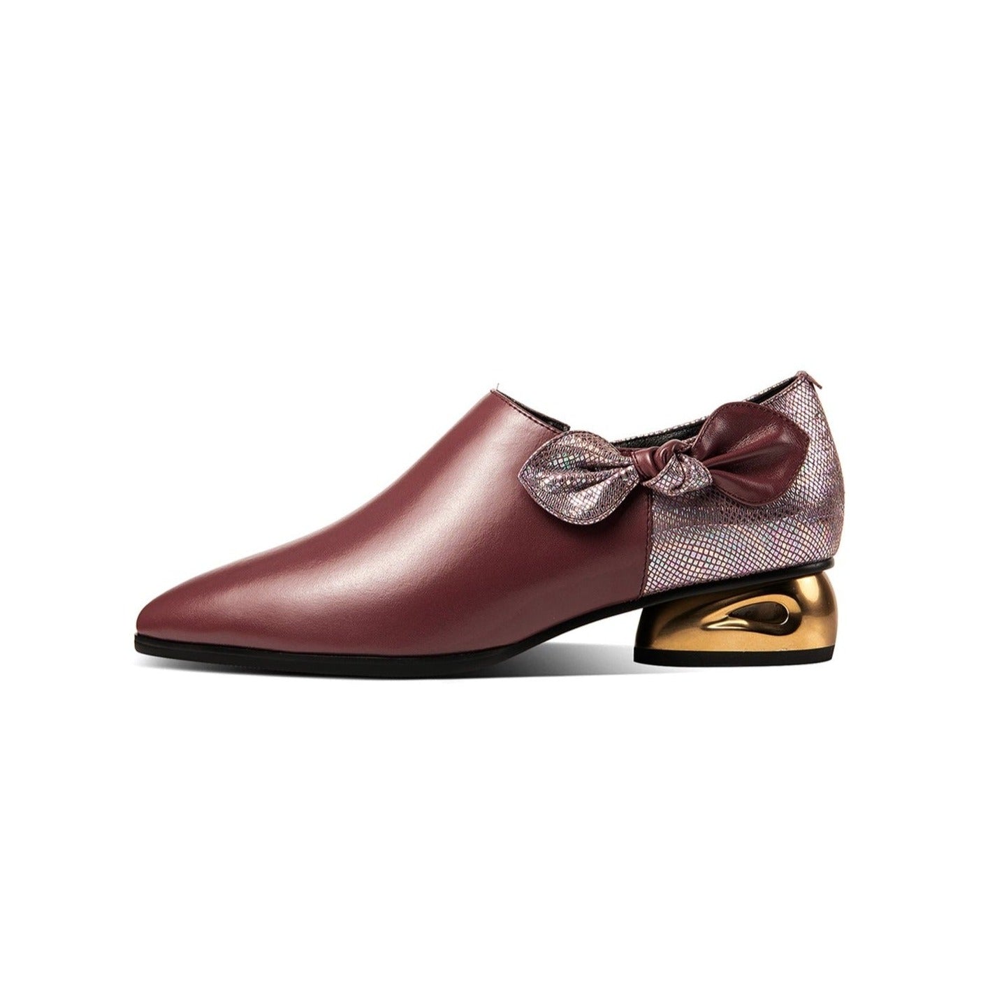 Nine Seven Women's Genuine Leather Handmade Sparkling Pointed Toe Low Chunky Heel Side Zip Up Cute Bow Design Flats Shoes