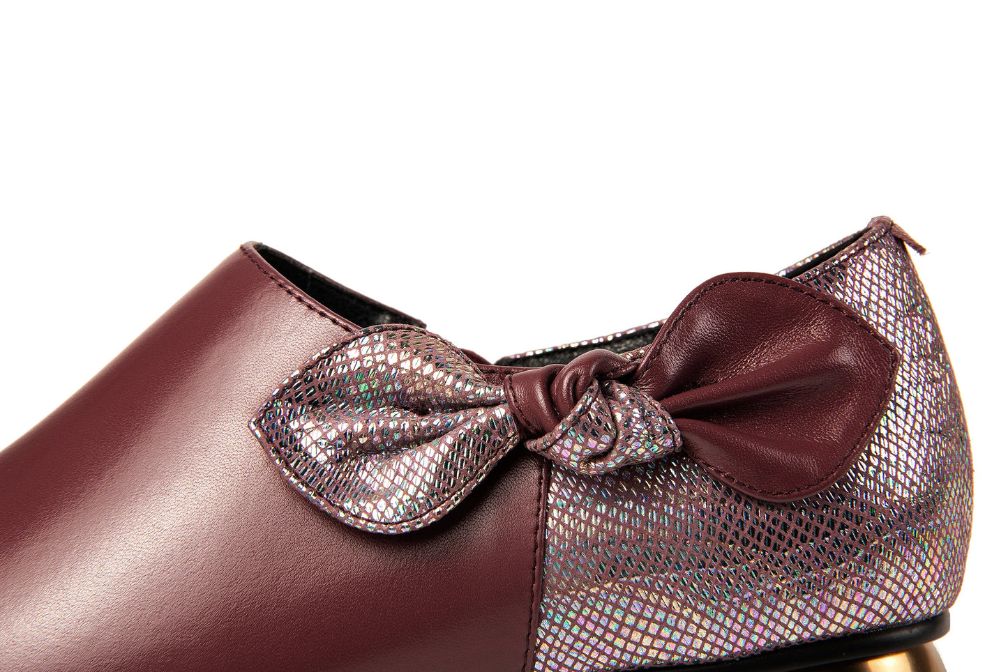 Nine Seven Women's Genuine Leather Handmade Sparkling Pointed Toe Low Chunky Heel Side Zip Up Cute Bow Design Flats Shoes