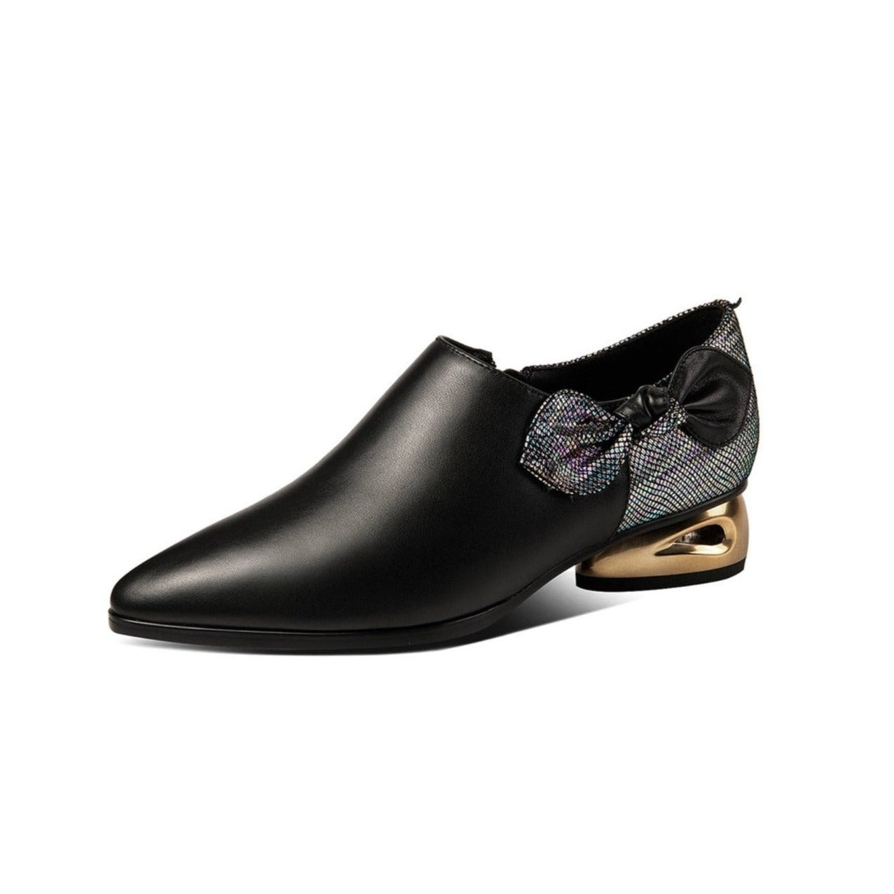 Nine Seven Women's Genuine Leather Handmade Sparkling Pointed Toe Low Chunky Heel Side Zip Up Cute Bow Design Flats Shoes