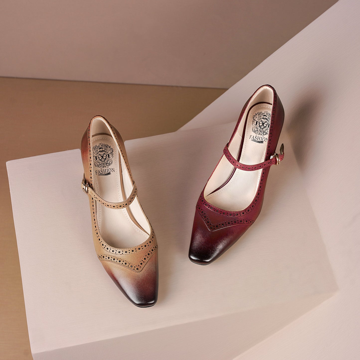 Nine Seven Genuine Leather Women's Handmade Little Square Toe Mental Mid Stiletto Heel Buckle Gradient Color Mary Jane Pump Shoes