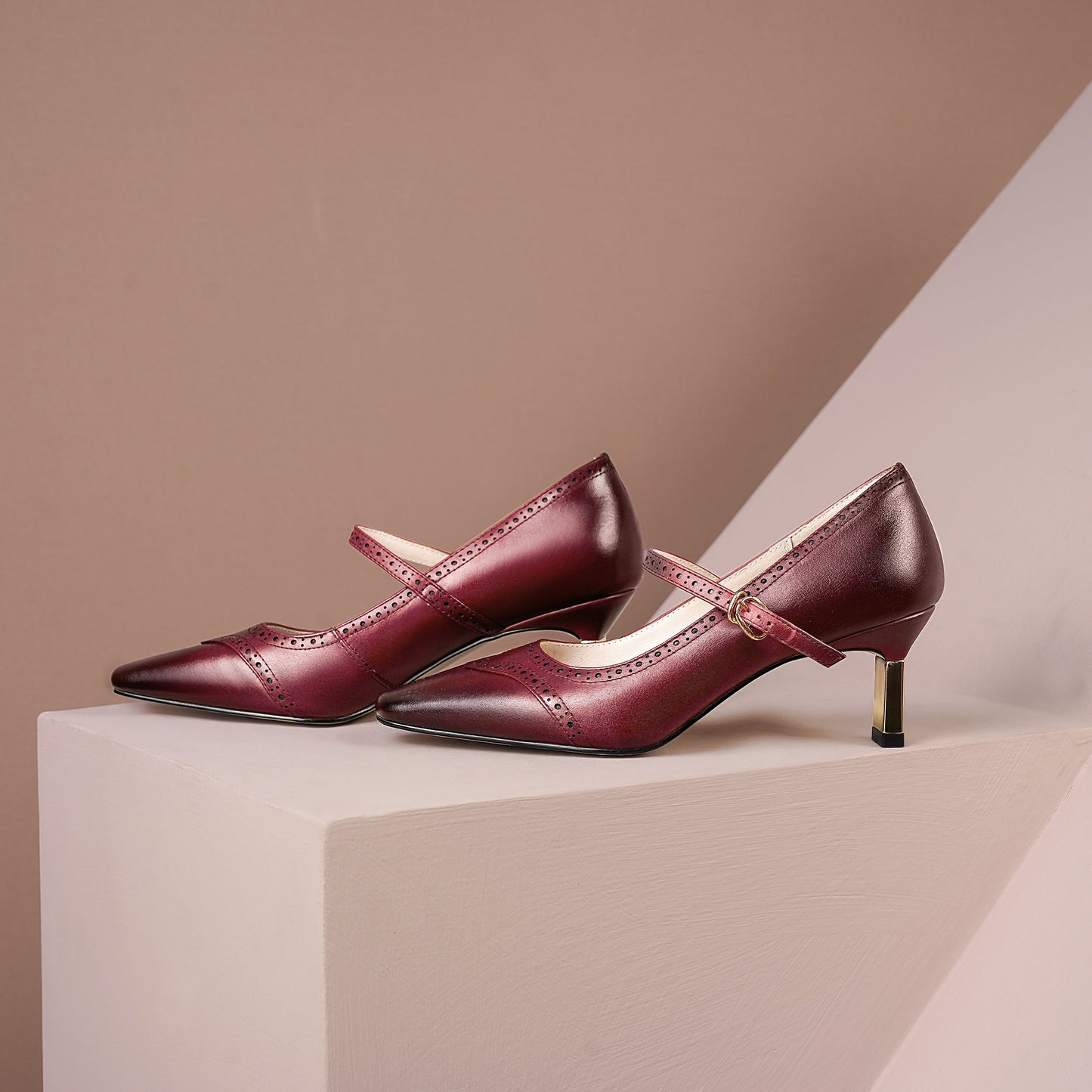 Nine Seven Genuine Leather Women's Handmade Little Square Toe Mental Mid Stiletto Heel Buckle Gradient Color Mary Jane Pump Shoes