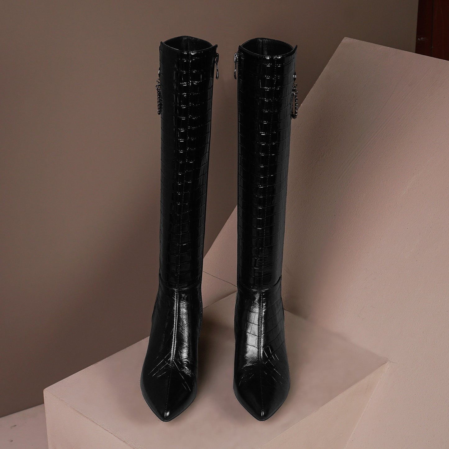 Nine Seven Women's Handmade Embossed Genuine Leather Clear Pointed Toe Mid Spool Heel Side Zip Up Classic Black Knee High Boots