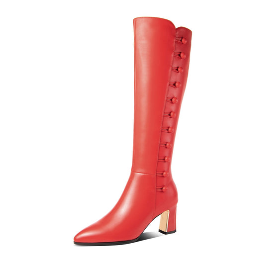 Nine Seven Women's Genuine Leather Handmade Side Zip Up Pointed Toe Mid Chunky Heel Modern Knee High Boots with Buttons Decor
