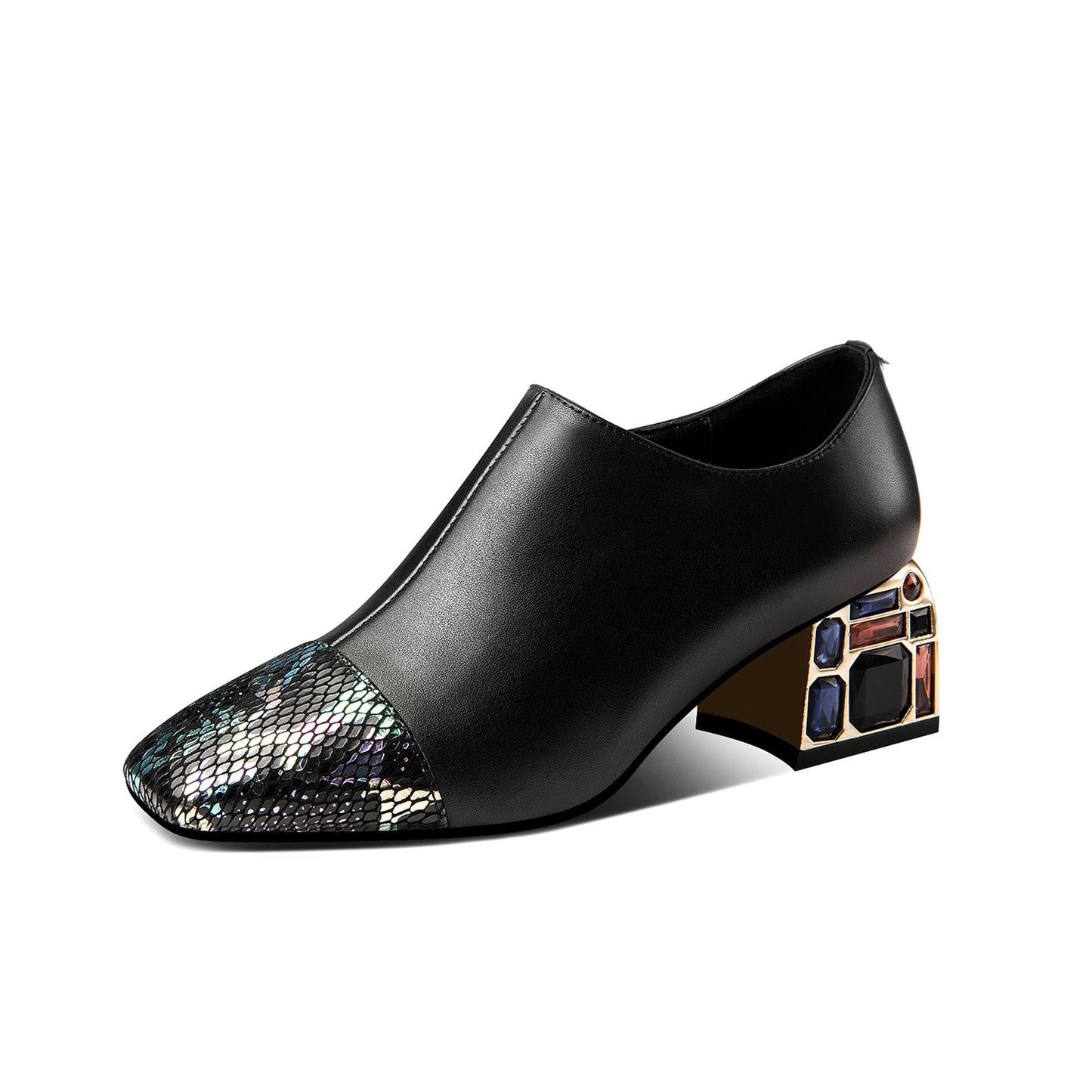 Nine Seven Genuine Leather Women's Handmade Square Toe Chic Zip Up Mid Chunky Heel Pump Shoes with Sequin and Crystal