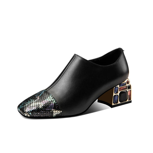 Nine Seven Genuine Leather Women's Handmade Square Toe Chic Zip Up Mid Chunky Heel Pump Shoes with Sequin and Crystal