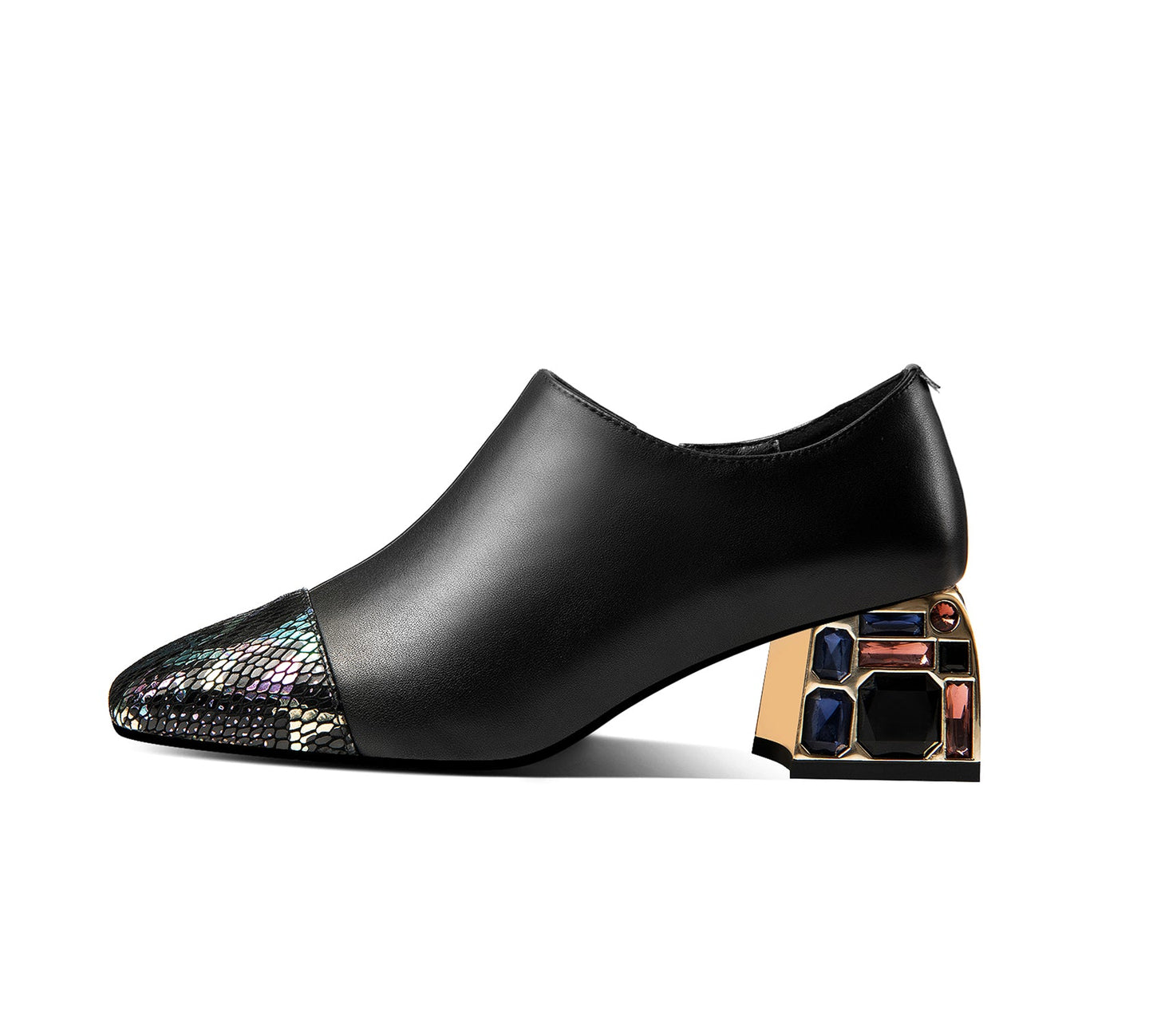 Nine Seven Genuine Leather Women's Handmade Square Toe Chic Zip Up Mid Chunky Heel Pump Shoes with Sequin and Crystal