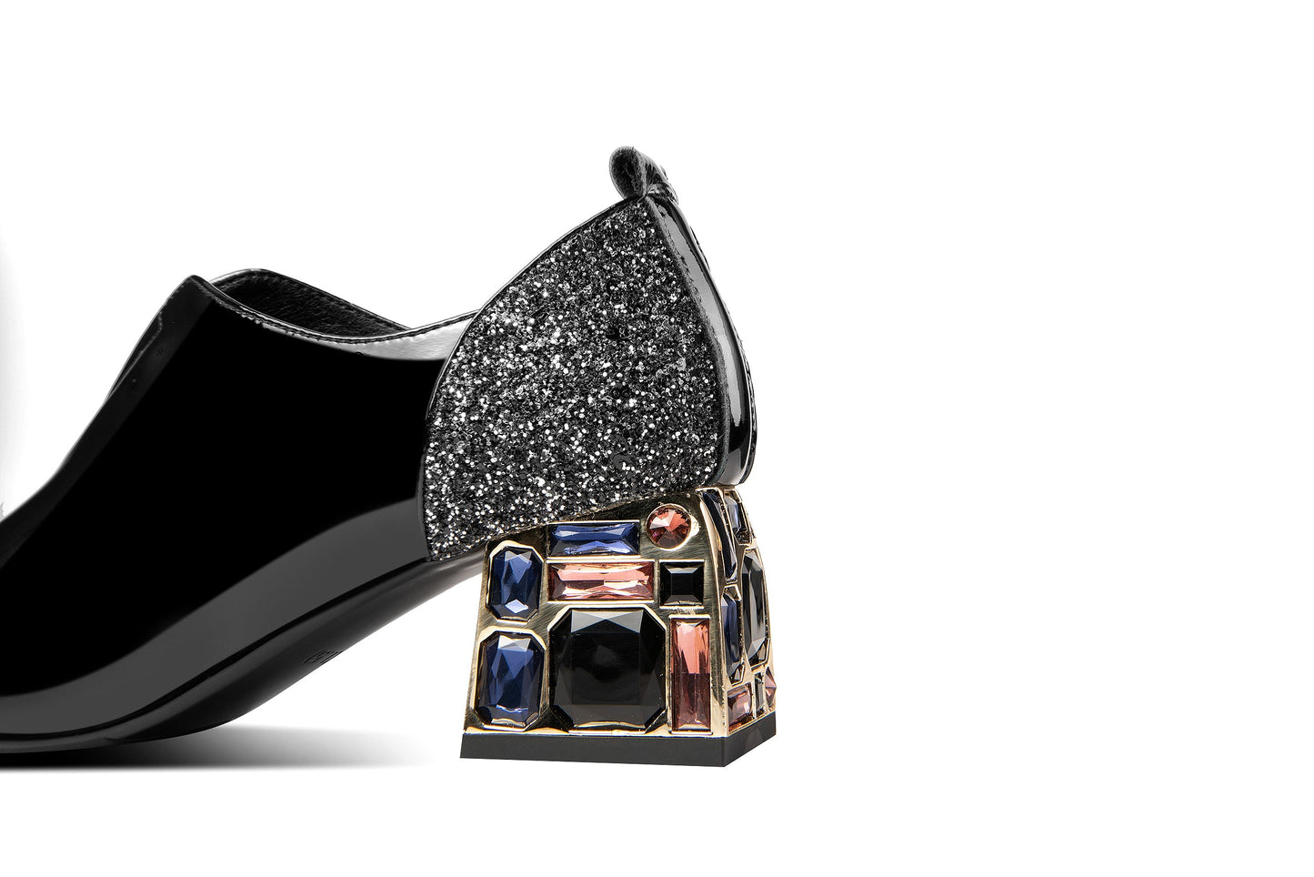 Nine Seven Patent Leather Women's Handmade Classic Square Toe Mid Chunky Heel Slip On Glitter Loafer Pump Shoes with Rhinestone