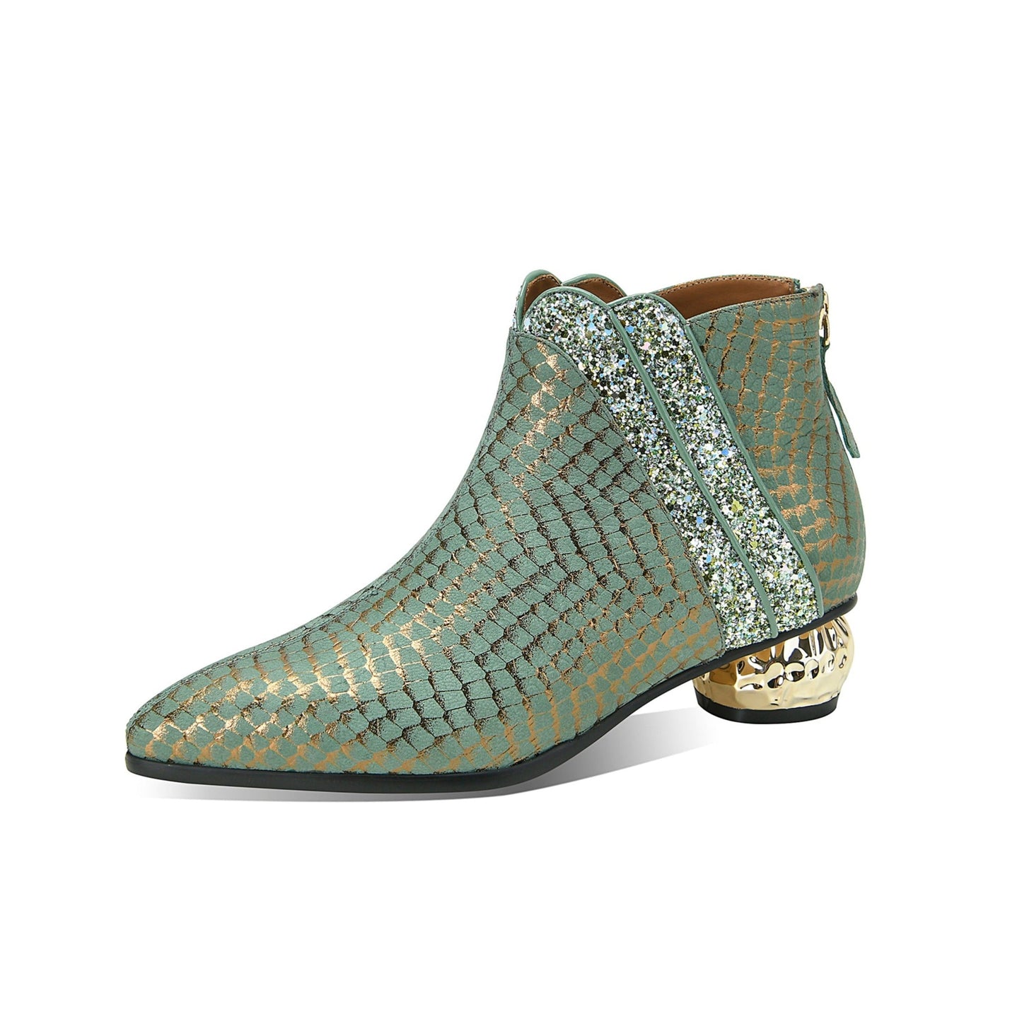 Nine Seven Women's Pointed Toe Genuine Leather Handmade Back Zipper Low Chunky Heels Stylish Ankle Boots