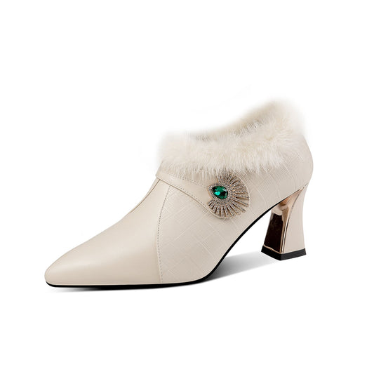 Nine Seven Women's Handmade Genuine Leather Comfortable Spool Heel Pointed Toe Side Zip Up Glitter Grystal Oxford Pumps with Warm Fur