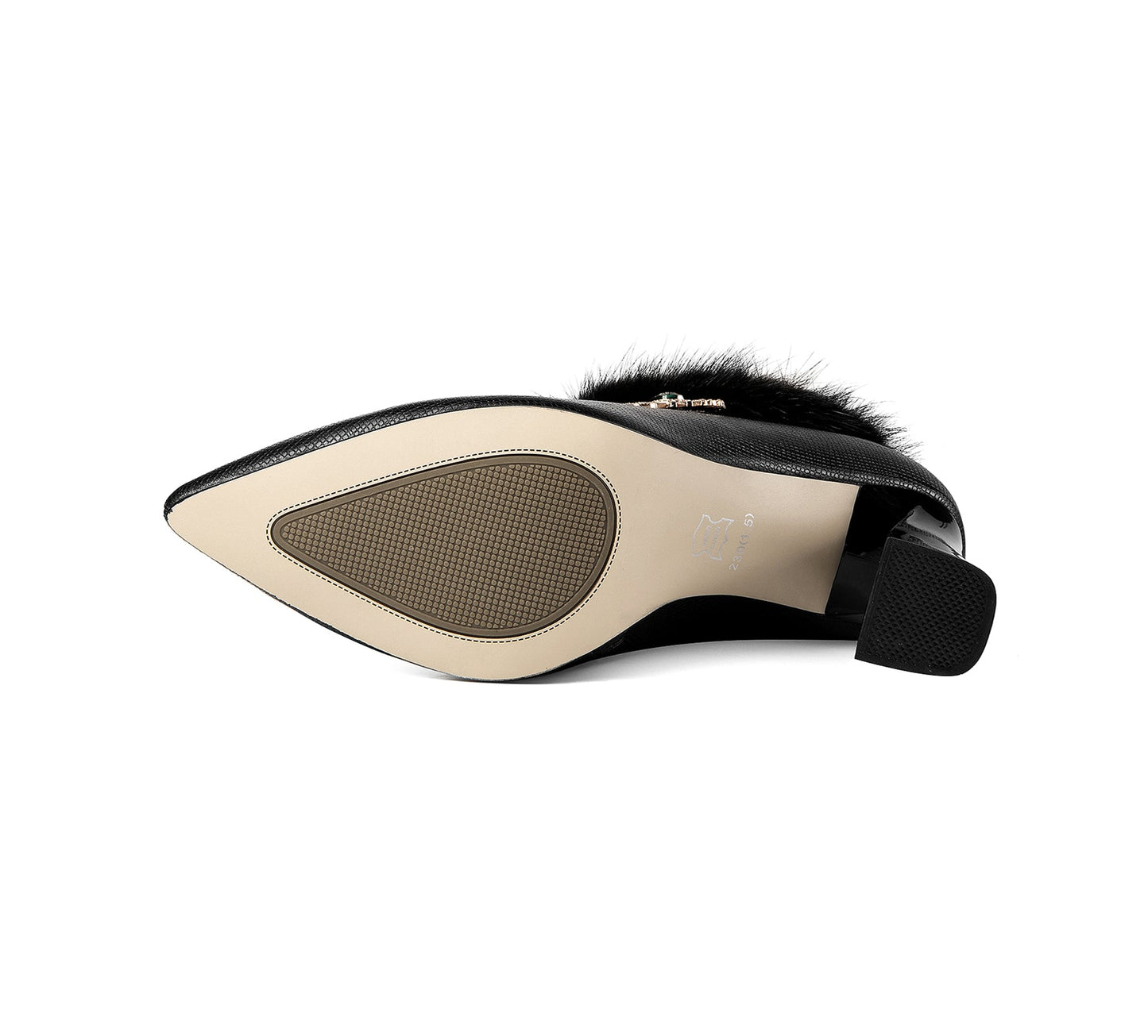 Nine Seven Women's Handmade Genuine Leather High Heel Side Zip Up Pointed Toe Fur and Rhinestone Decor Oxford Pump Shoes