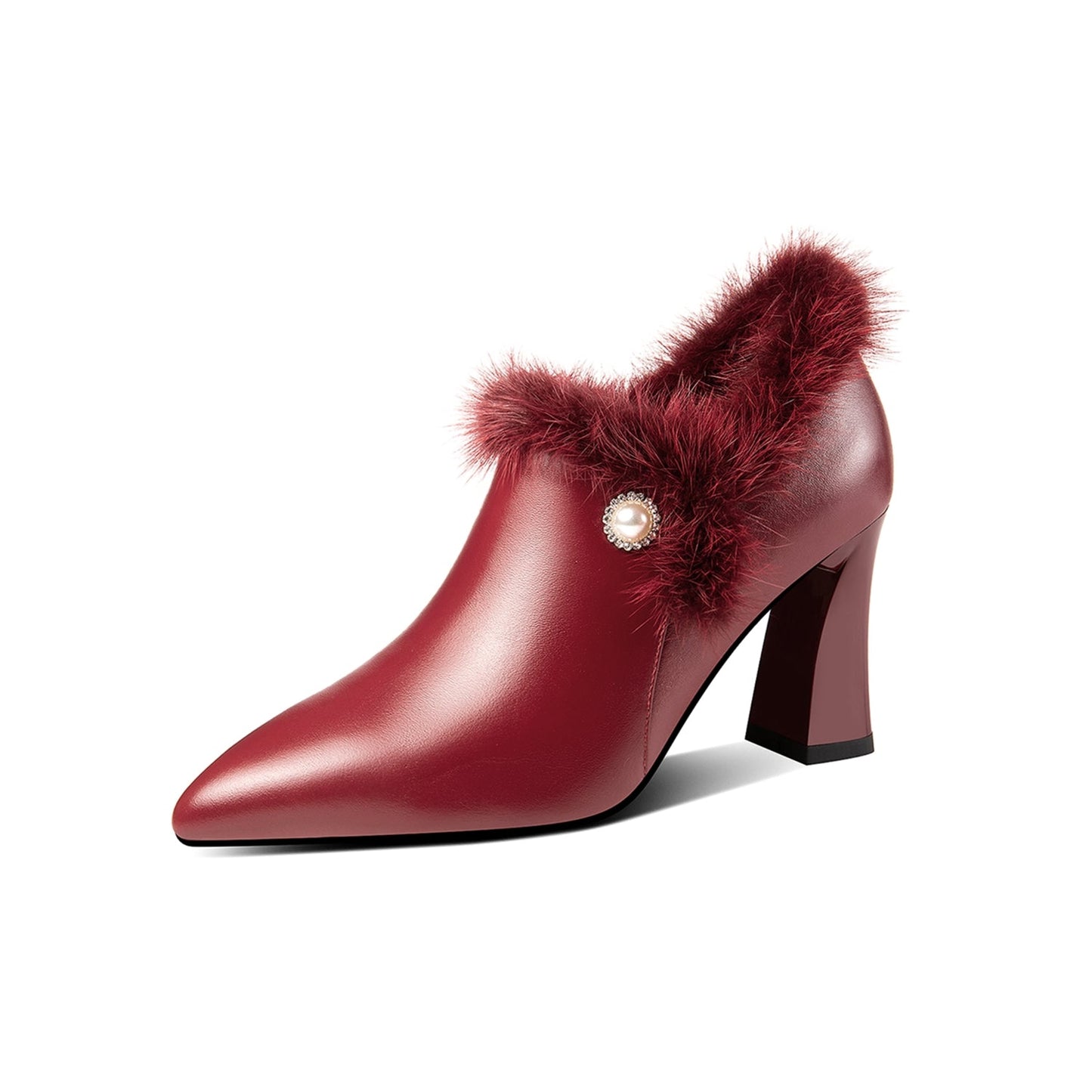 Nine Seven Women's Handmade Genuine Leather and Fur High Heel Side Zip Up Pointed Toe Elegant Oxford Pumps