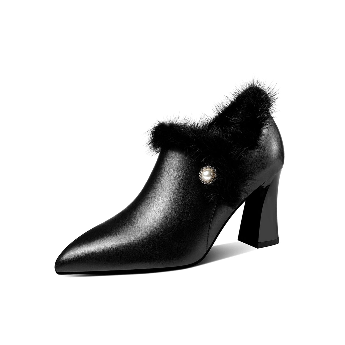 Nine Seven Women's Handmade Genuine Leather and Fur High Heel Side Zip Up Pointed Toe Elegant Oxford Pumps