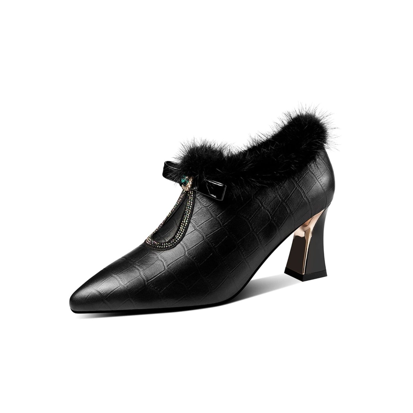 Nine Seven Genuine Leather Women's Handmade Elegant Mid Heel Side Zip Up Fur Decor Oxford Pumps with Boetie