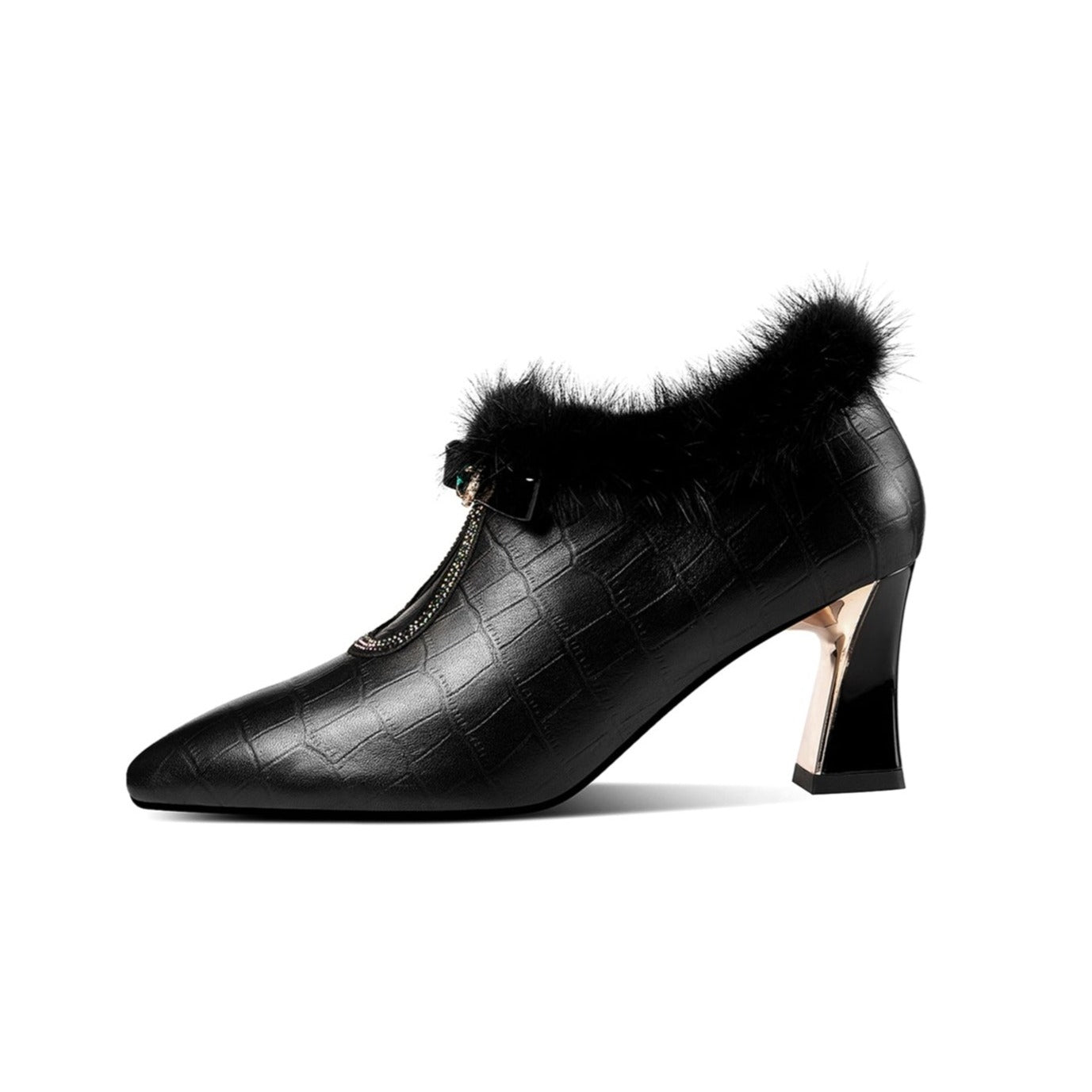 Nine Seven Genuine Leather Women's Handmade Elegant Mid Heel Side Zip Up Fur Decor Oxford Pumps with Boetie