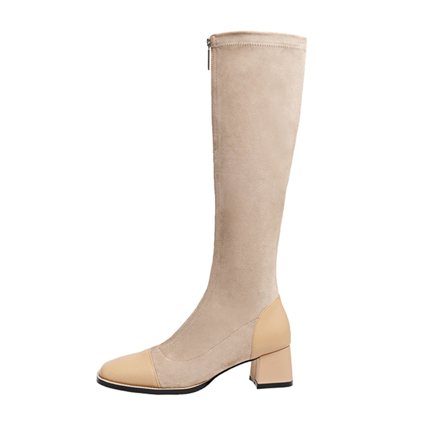 Nine Seven Women's Stretch Fabric Handmade Cap Toe Fashion Front Zipper Comfort Low Chunky Heel Knee High Boots