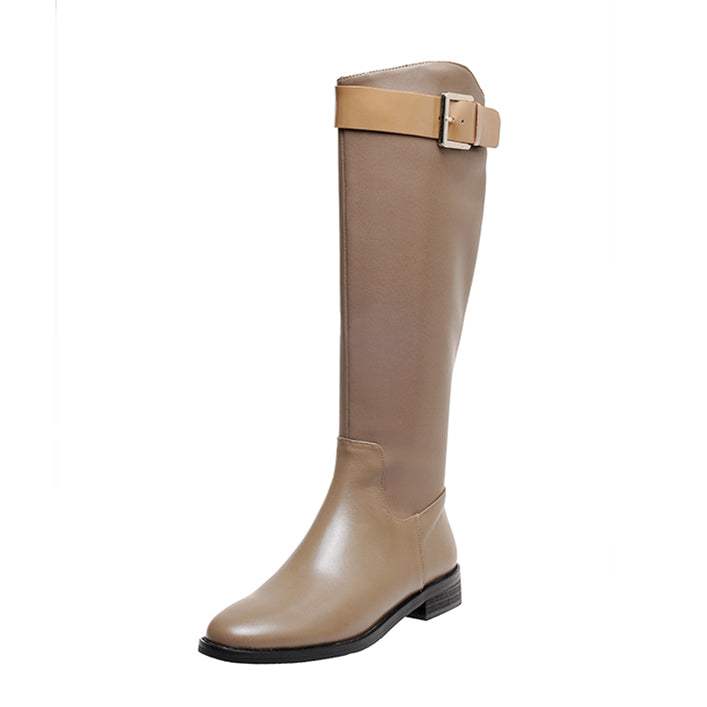 Nine Seven Women's Handmade Genuine Leather Round Toe Low Block Heel Side Zip Up Patent Belt Decor Knee High Riding Boots