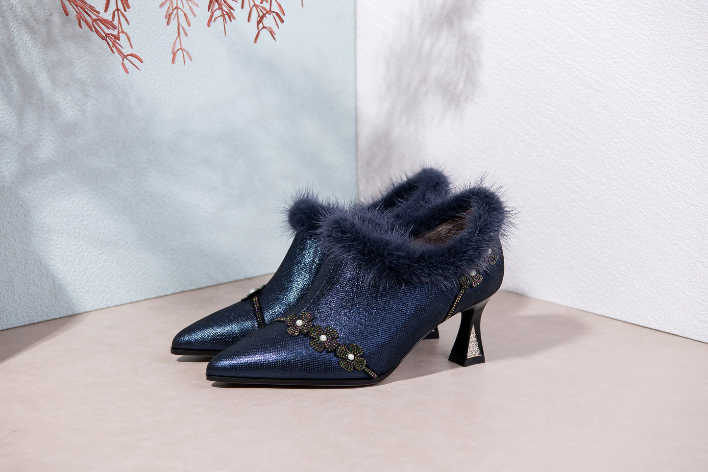 Nine Seven Handmade Women's Genuine Leather Furry Floral Side Zip Pointed Toe Mid Spool Rhinestone Heel Pumps