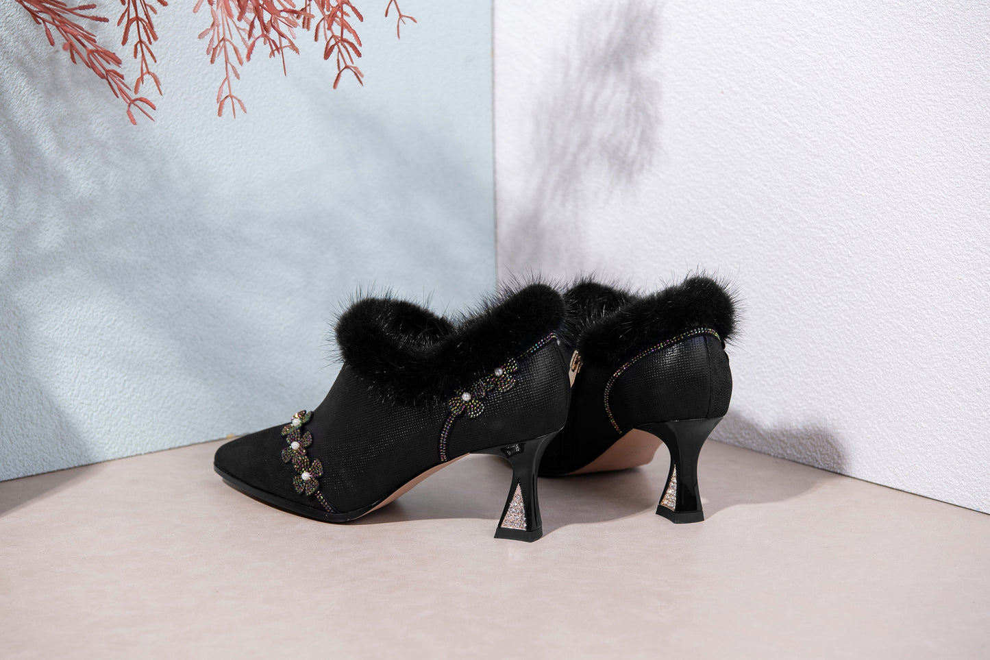 Nine Seven Handmade Women's Genuine Leather Furry Floral Side Zip Pointed Toe Mid Spool Rhinestone Heel Pumps
