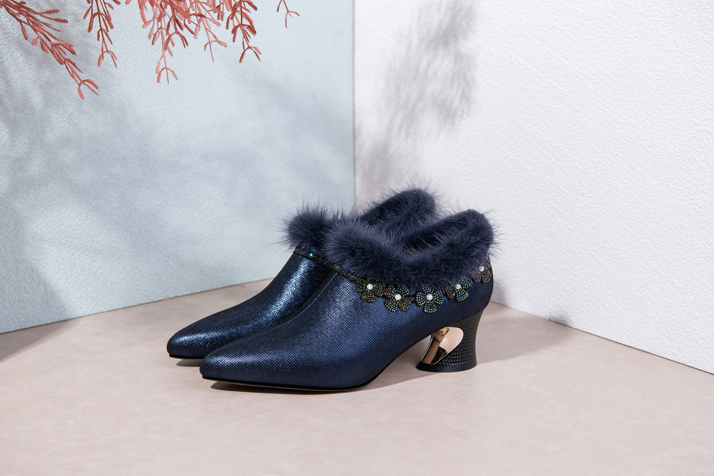 Nine Seven Handmade Women's Genuine Leather Furry Rhinestone Floral Side Zip Pointed Toe Mid Chunky Heel Pumps