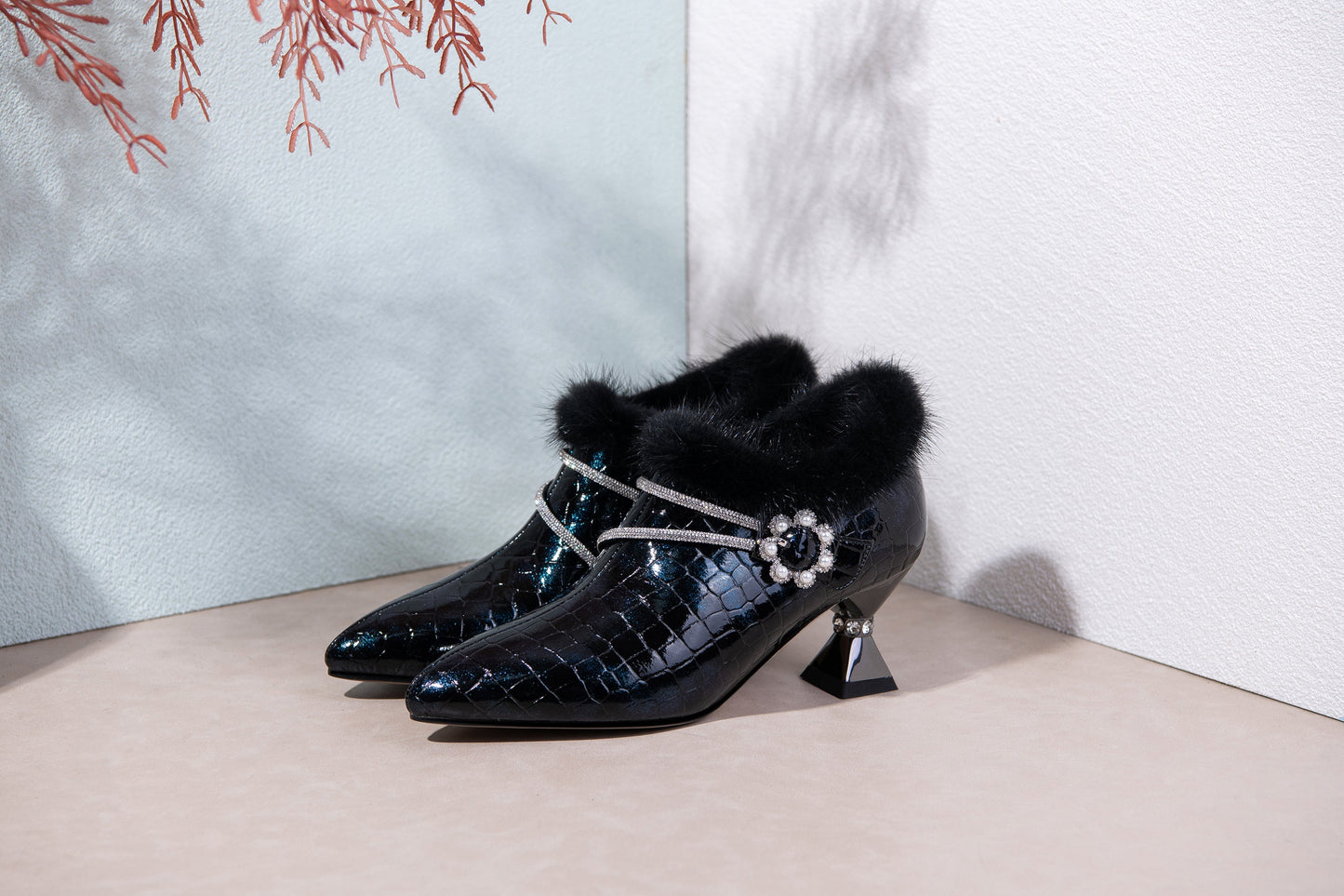 Nine Seven Handmade Women's Patent Leather Furry Rhinestone Floral Side Zip Pointed Toe Mid Spool Heel Pumps