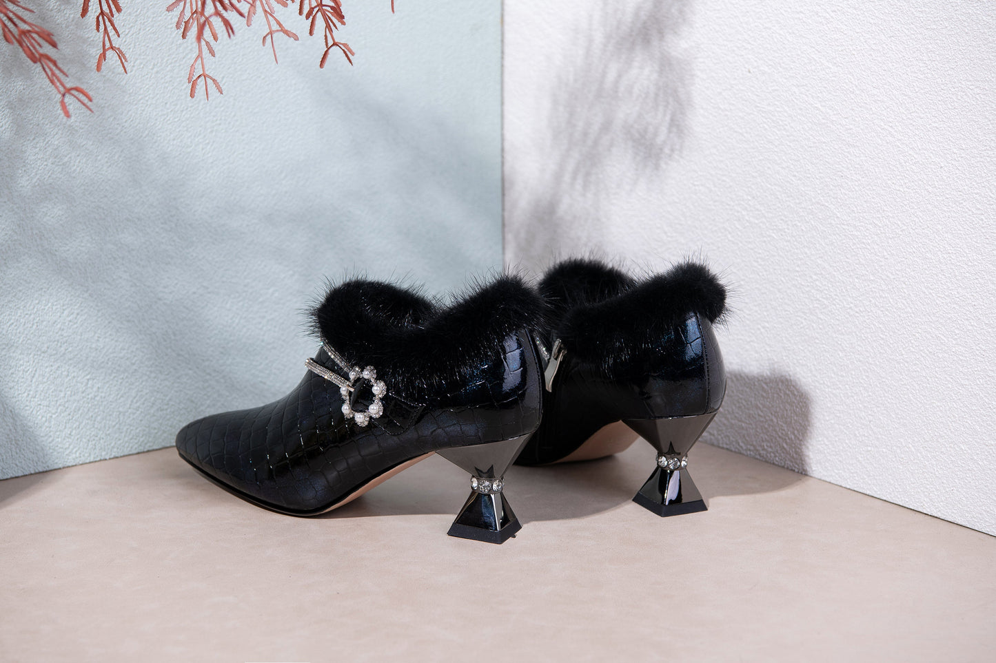 Nine Seven Handmade Women's Patent Leather Furry Rhinestone Floral Side Zip Pointed Toe Mid Spool Heel Pumps