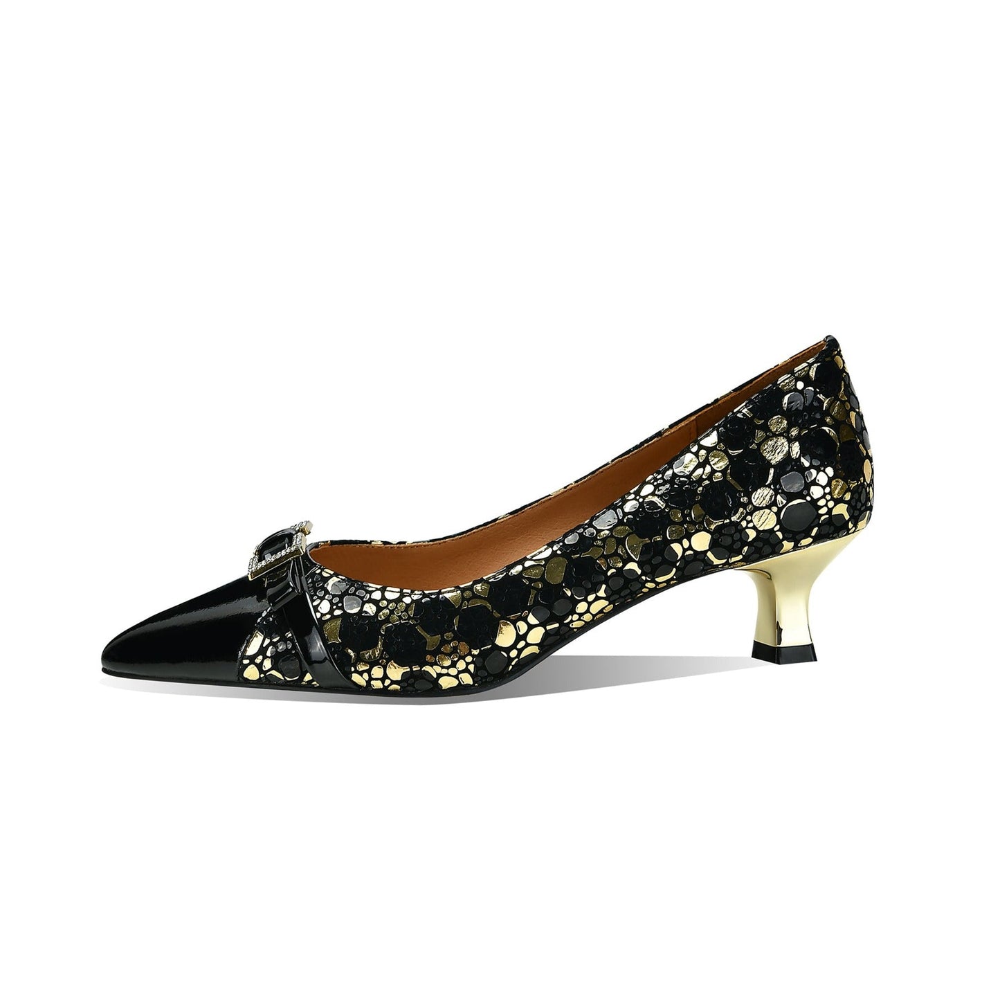 Nine Seven Women's Handmade Genuine Leather Patent Pointed Toe Modern Buckle Slip On Comfort Heel Pumps