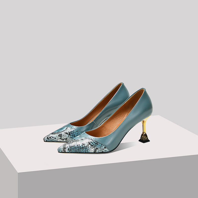 Nine Seven  Women's Pointed Toe Snakeskin Printed Genuine Leather Handmade Stiletto Mid Heels Stylish Pumps Shoes