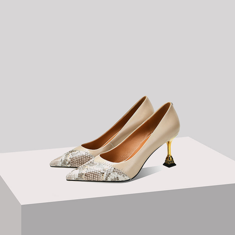 Nine Seven  Women's Pointed Toe Snakeskin Printed Genuine Leather Handmade Stiletto Mid Heels Stylish Pumps Shoes