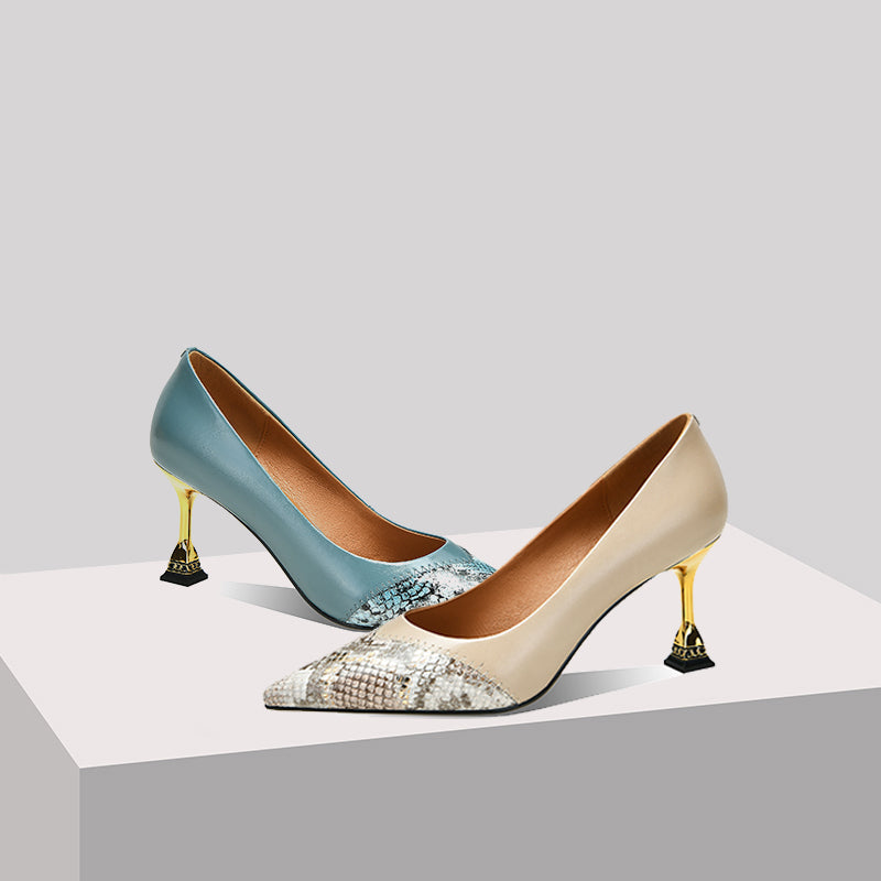 Nine Seven  Women's Pointed Toe Snakeskin Printed Genuine Leather Handmade Stiletto Mid Heels Stylish Pumps Shoes