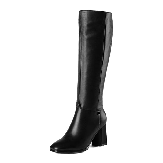 Nine Seven Genuine Leather Square Toe Chunky Heel comfortable Knee High Boots