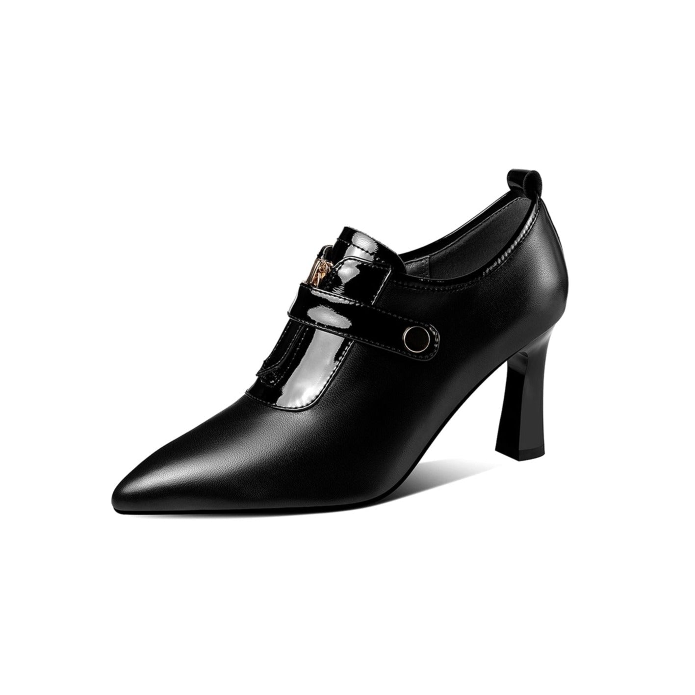 Nine Seven Women's Handmade Genuine Leather Sexy High Heel Pointed Toe Oxfords Pump Shoes with Front Zip and Button Decor