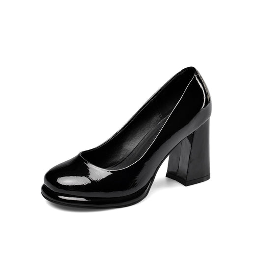 Nine Seven Women's Patent Leather Round Toe Handmade High Chunky Heels Slip On Pumps Shoes
