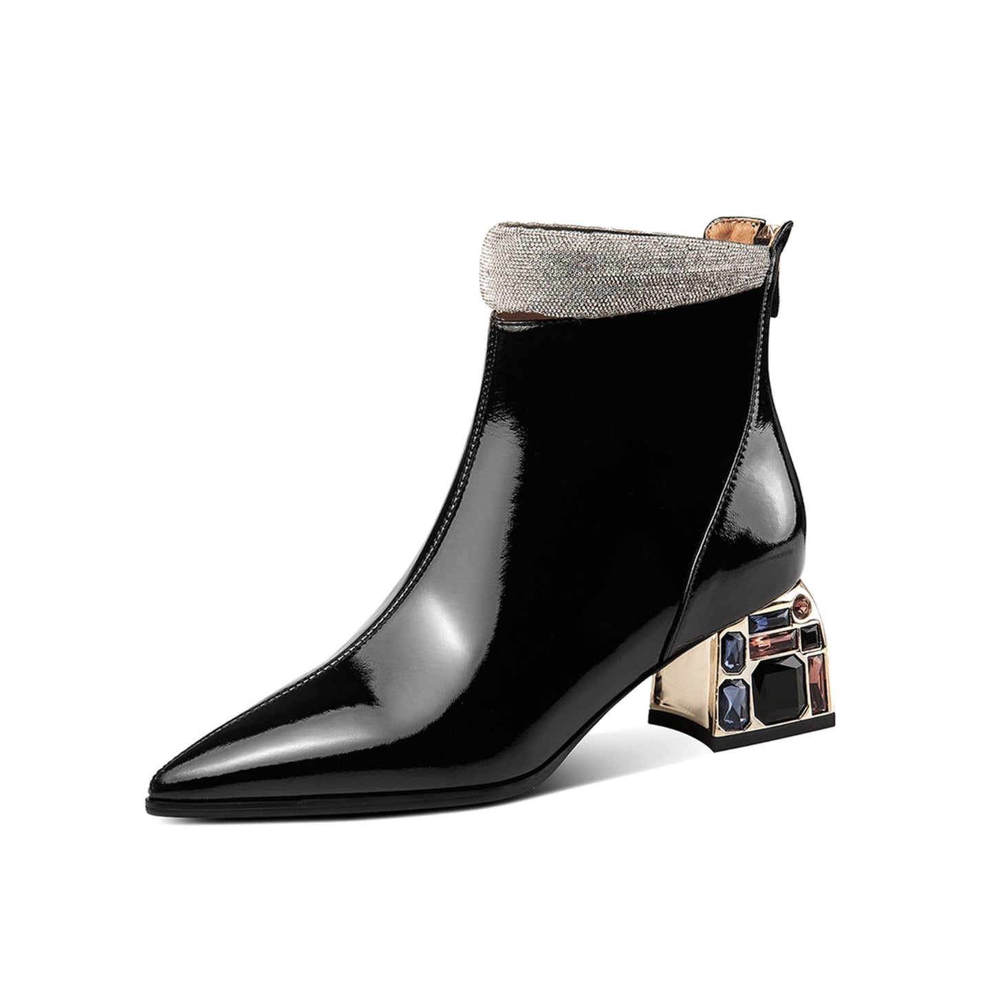 Nine Seven Patent Leather Women's Handmade Pointed Toe Crystal Chunky Heel Back Zip Up Ankle Booties