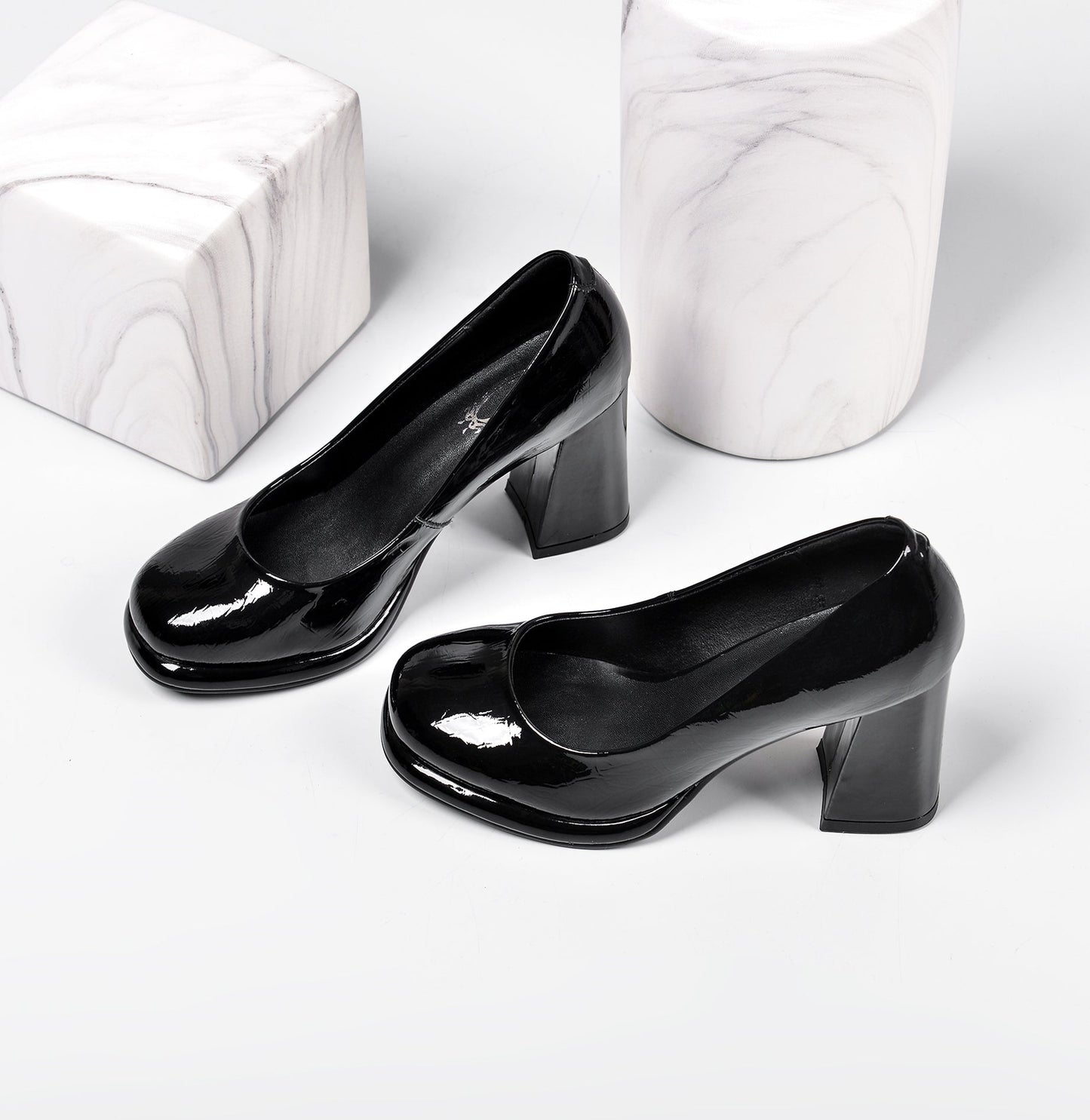 Nine Seven Women's Patent Leather Round Toe Handmade High Chunky Heels Slip On Pumps Shoes