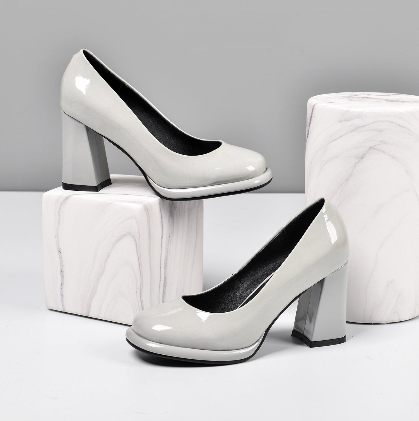 Nine Seven Women's Patent Leather Round Toe Handmade High Chunky Heels Slip On Pumps Shoes