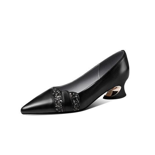 Nine Seven Women's Handmade Genuine Leather Spool Heel Pointed Toe Glitter Loafer Pumps