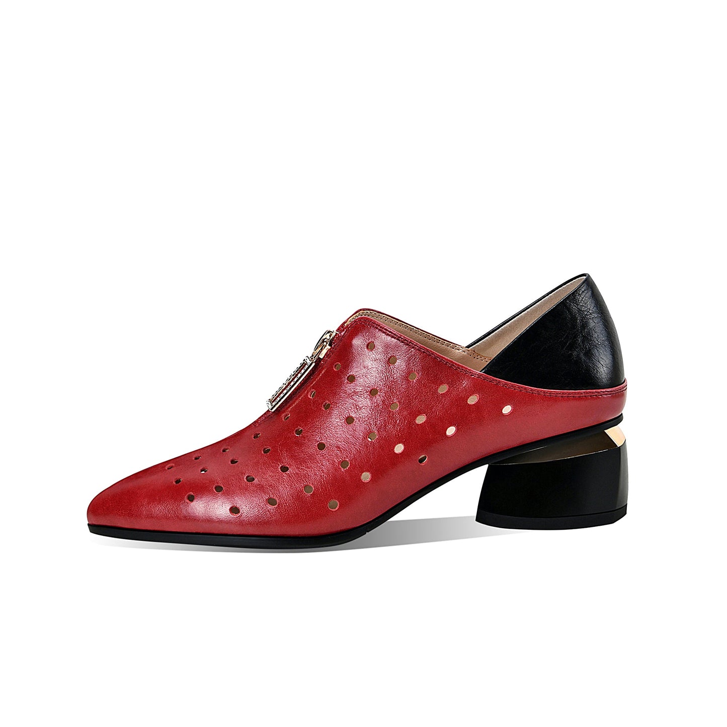 Nine Seven Women's Genuine Leather with Breathable Holes Handmade Front Zipper Low Chunky Heel Stylish Pumps Shoes