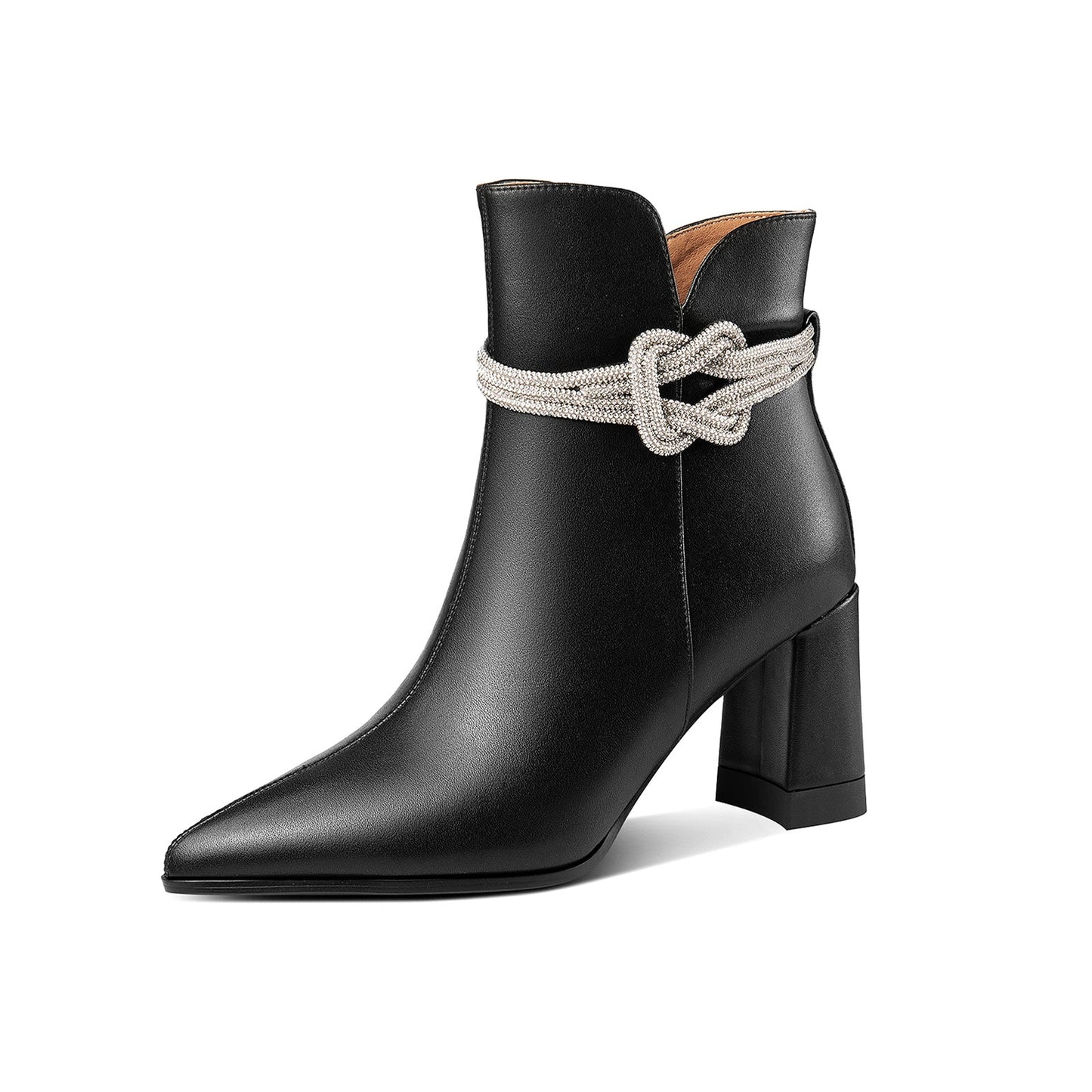 Nine Seven Genuine Leather Women's Handmade Side Zipper Pointed Toe Chunky Heel Ankle Boots