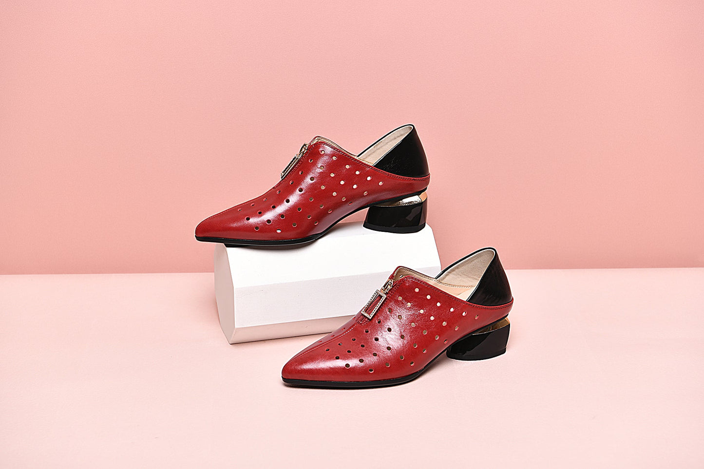 Nine Seven Women's Genuine Leather with Breathable Holes Handmade Front Zipper Low Chunky Heel Stylish Pumps Shoes