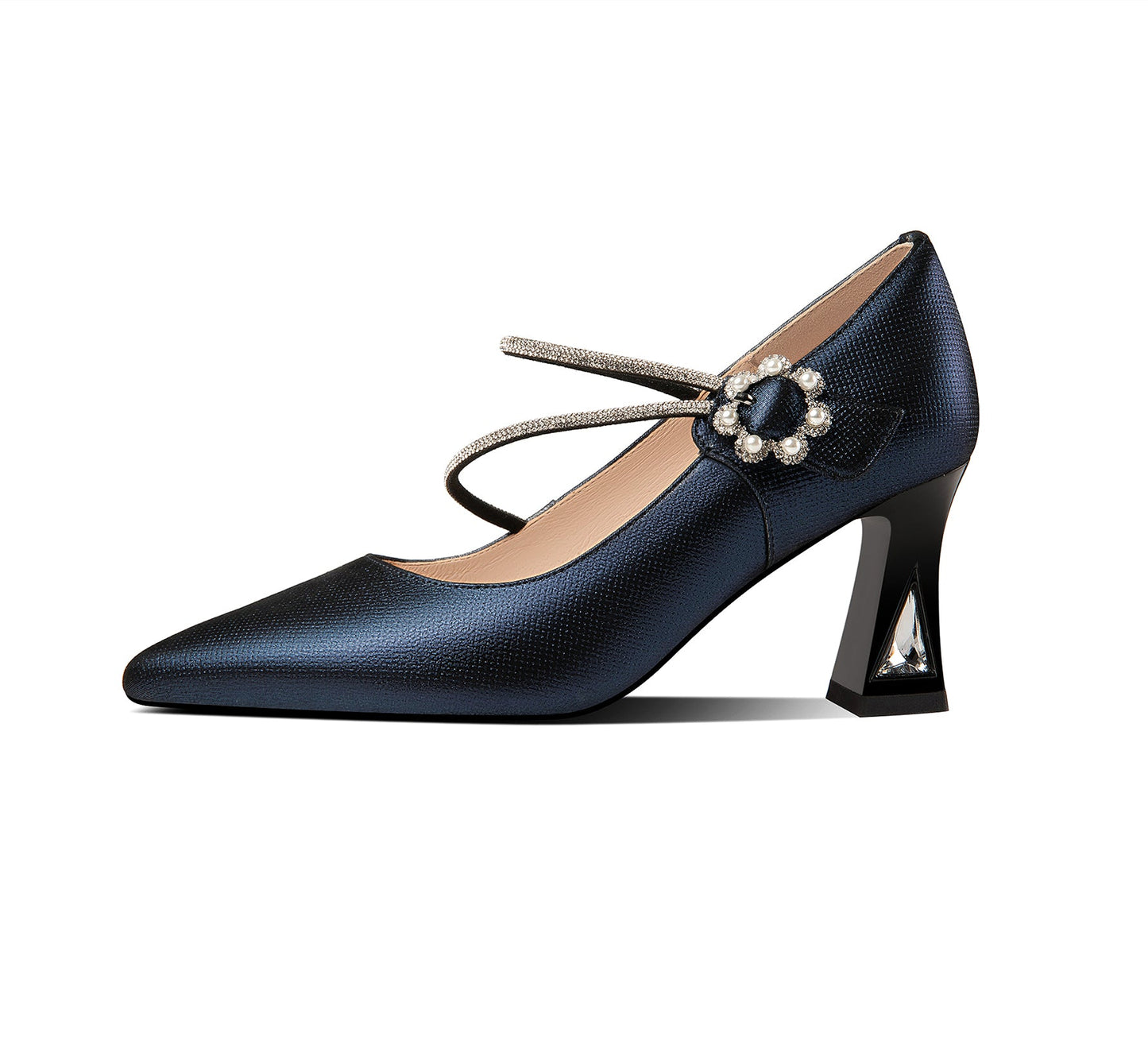 Nine Seven Women's Pointed Toe Genuine Leather Handmade Flower Buckle Mid Chunky Heels Graceful Pumps Shoes