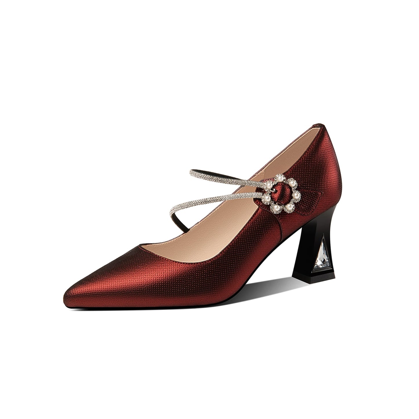 Nine Seven Women's Pointed Toe Genuine Leather Handmade Flower Buckle Mid Chunky Heels Graceful Pumps Shoes