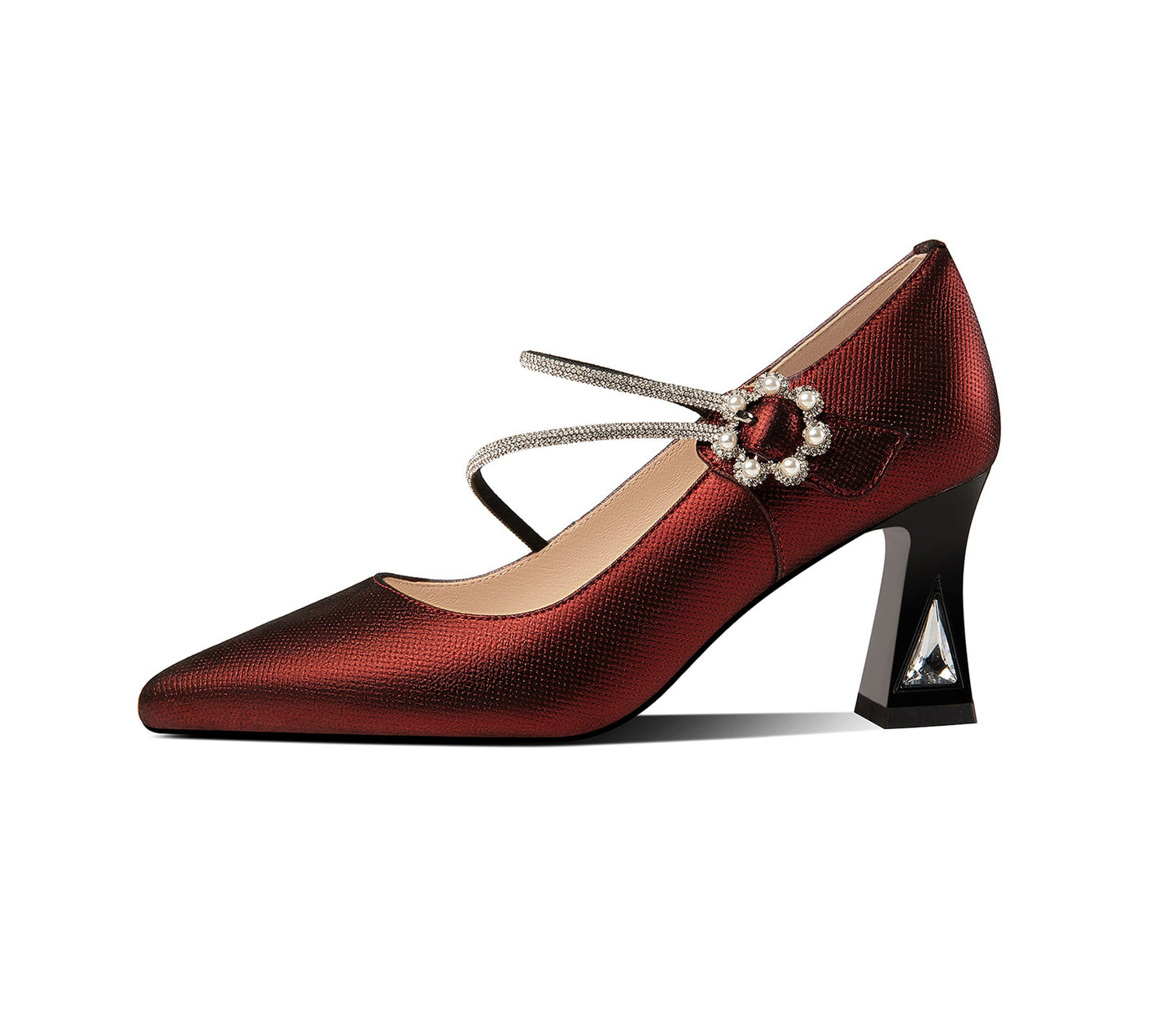 Nine Seven Women's Pointed Toe Genuine Leather Handmade Flower Buckle Mid Chunky Heels Graceful Pumps Shoes