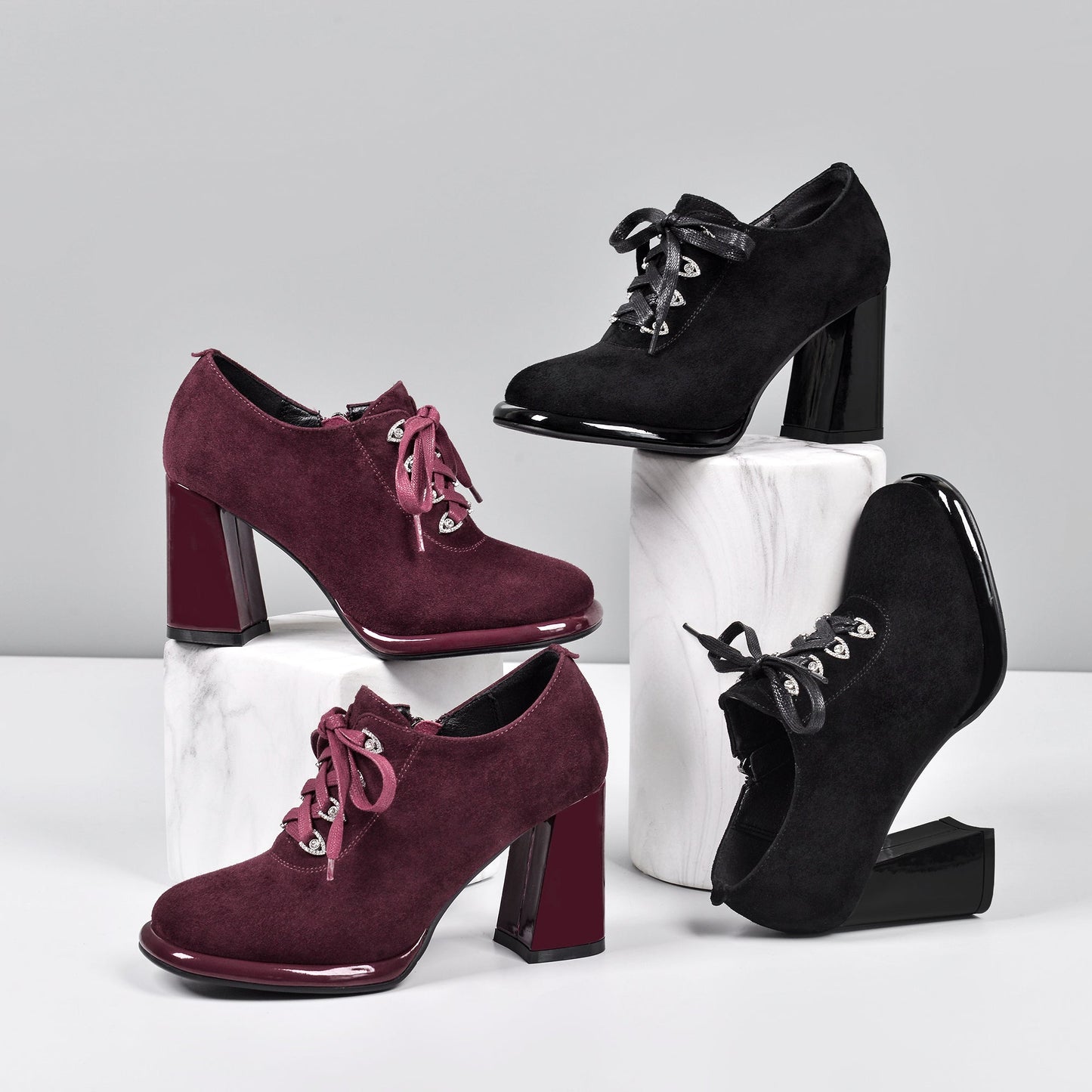 Nine Seven Women's Round Toe Suede Leather Handmade Side Zipper Sleftie Pump Shoes with High Chunky Heel