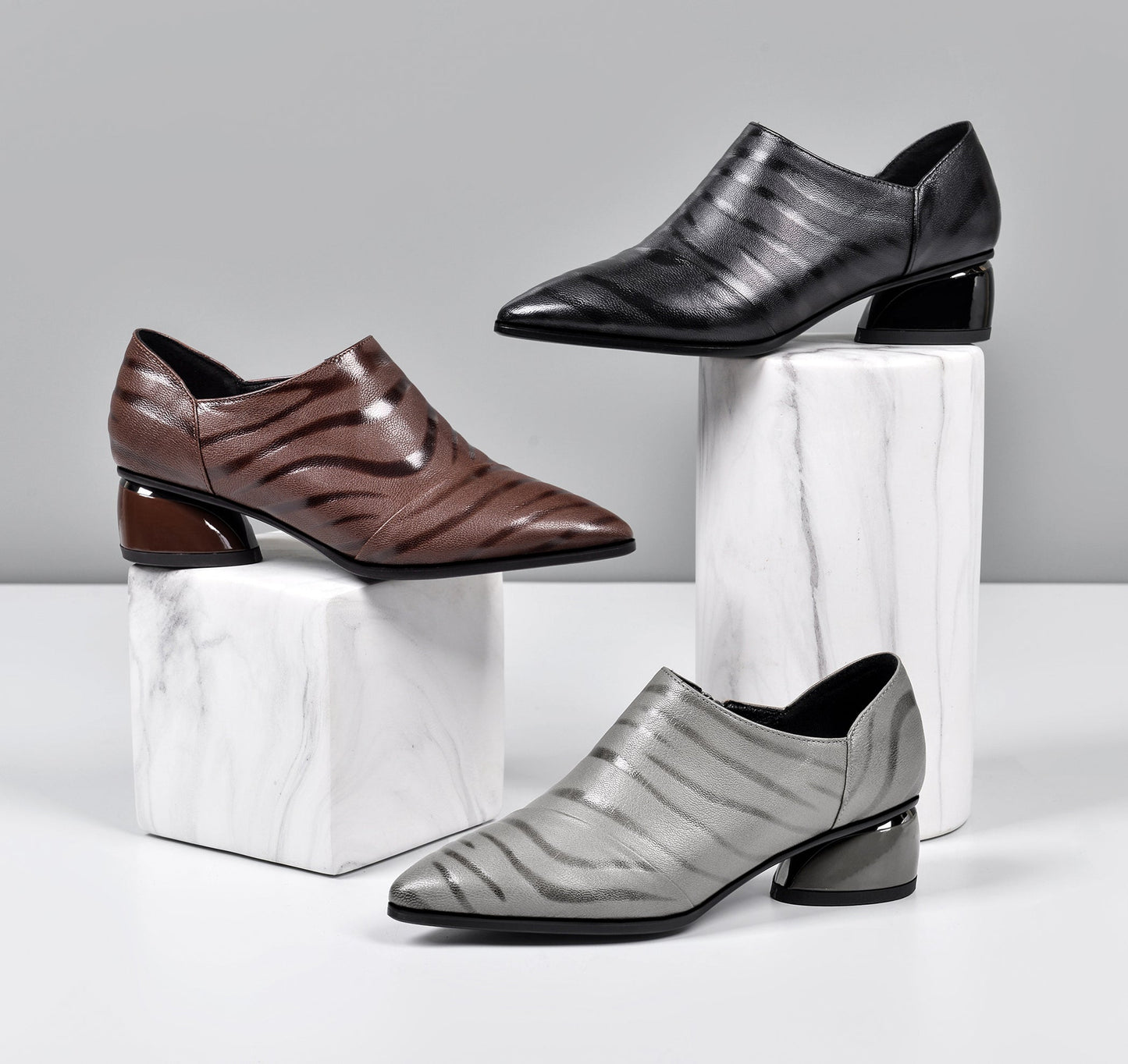 Nine Seven Women's Printed Genuine Leather Handmade Pointed Toe Side Zipper Casual Pumps Shoes with Low Heels